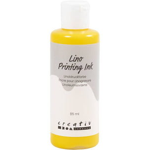 A bottle of Creativ Lino Printing Ink in a bright yellow color, featuring a white cap and a white label with gray accents, set against a plain white background.