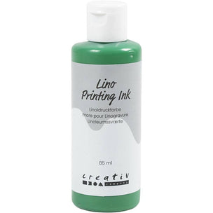A bottle of Creativ Lino Printing Ink, 85 ml, featuring a white cap, green plastic top and bottom, and a white label with black text.