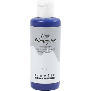 A bottle of Creativ Lino Printing Ink, 85 ml, featuring a white cap and a white label with blue accents on a white background.