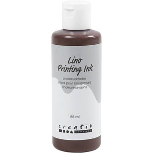 A 85 ml bottle of Creativ Lino Printing Ink in dark brown, featuring a white cap and a white label with black text.