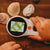 Hand holding a digital microscopes with shells on a wooden surface