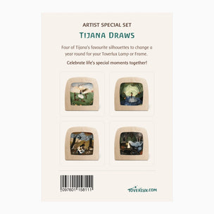 Back of a Tijana Artist Special Set box or packaging card, showing four small illustrated wooden silhouette frames with scenes from Tijana, plus product text and a barcode on a light beige background.