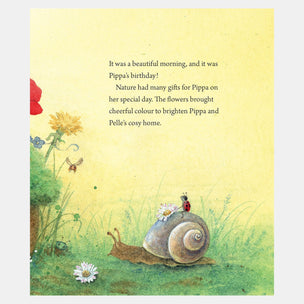 Illustration of a snail with flowers and text on a yellow background
