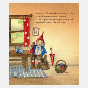 Illustration of a gnome character with a basket of yarn and an umbrella, with text about Pippa and Pelle in the background.