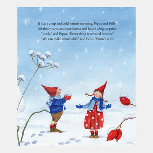 Illustration of two children in winter clothing with a snowy background and text.