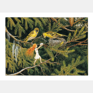 Fairy with red hair and a white dress interacting with two yellow birds near a nest in a pine tree.