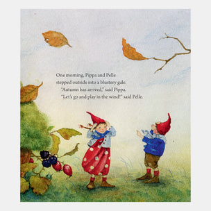 Illustration of two gnomes in an autumn setting with text.