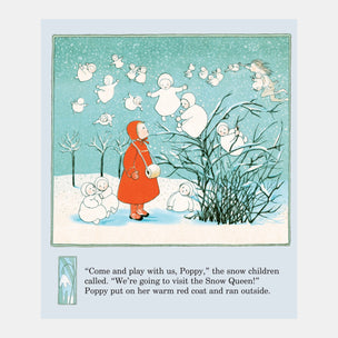 Illustration of a child in a red coat among snow children in a snowy landscape.