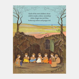 Illustration of children around a root with text about choosing colors for a dress.