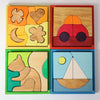 Grimm's Set of wooden puzzles with colorful borders on a white background