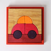 Grimm's Wooden car puzzle with red body, orange roof, and purple wheels in a red frame on a white background