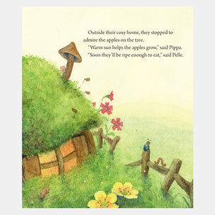 Illustration of a garden scene with flowers and a fence, featuring text about apples growing.