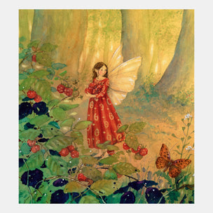 Fairy in a red dress with butterfly wings standing among berries and flowers in a forest setting.