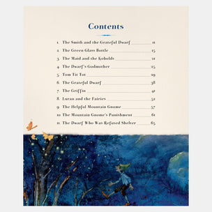 Table of contents page with illustrations and text, featuring a character in a fantasy setting.
