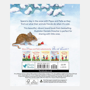 Book cover of 'Pippa and Pelle' with illustrations of animals in the snow and text about the book.