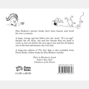 Back cover of a book with text and illustrations, featuring Elsa Beskow's name and branding.