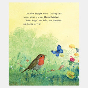 Illustration of a robin and butterfly with a garden scene and text on a yellow background