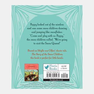 Book back cover with text and a small image of children playing, on a light blue background.