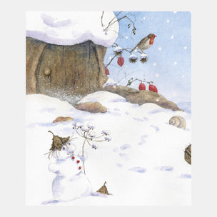 Winter scene with a snowman, robin, and tree in the snow