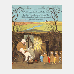 Illustration of a woman reading to children in a cave with a glowing light, surrounded by nature.