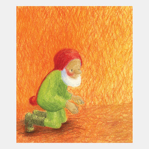 Illustration of a gnome in green clothing and red hat on an orange textured background