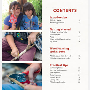Children whittling with tools and a table of contents for a wood carving book.