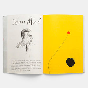Open book with a portrait on one page and abstract art on the other, featuring Joan Miro.