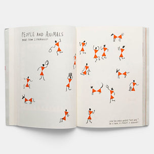 Open book with illustrations of people and animals made from triangles on a white background
