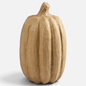 A decorative carved pumpkin sculpture in a light natural wood finish, shown against a plain light gray background.