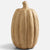 A textured, ribbed decorative pumpkin sculpture in a natural tan clay-like finish, shown on a light gray background.