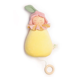 Yellow plush toy with a pink flower headband on a white background