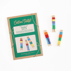 Cotton Twist worry doll kit with colorful dolls on a white background