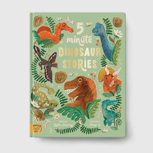 Book cover of '5 Minute Dinosaur Stories' with colorful dinosaur illustrations on a green background