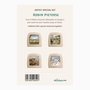 Back of a Toverlux artist special set package featuring Robin Pieterse silhouettes, showing four small square wooden frames with illustrated scenes and product text on a cream background.