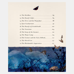 Table of contents page with illustrations of animals and a butterfly on a textured beige background.