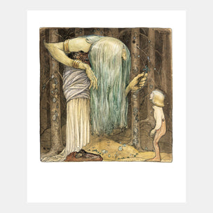 Artistic depiction of a figure with long hair embracing another figure in a forest setting.
