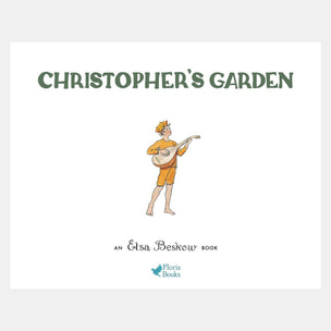 Book cover of 'Christopher's Garden' by Elsa Beskow with a illustration of a child playing a guitar.