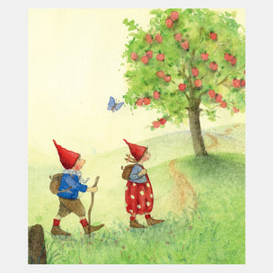 Two gnomes under an apple tree with a butterfly in a garden setting.
