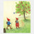 Two gnomes under an apple tree with a butterfly in a garden setting.