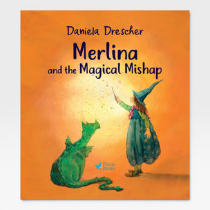 Book cover of 'Merlina and the Magical Mishap' with a witch and green creature on an orange background.
