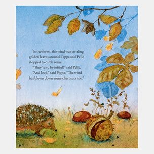Illustration of a forest scene with leaves, chestnuts, and a hedgehog, featuring text.