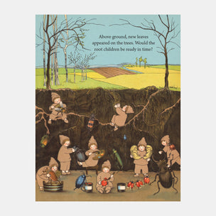 Illustration of children in hanging from a tree root with a landscape in the background.