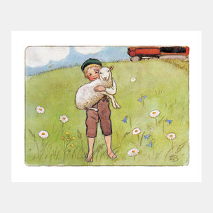 Illustration of a boy holding a lamb in a field with flowers and a red wagon in the background.