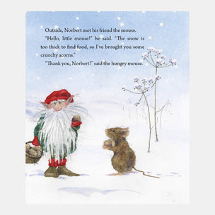 Illustration of an elf and a mouse in a snowy scene with text.