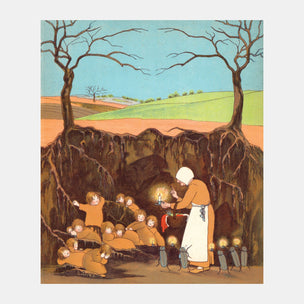 Illustration of a mother earth with root children in a forest setting