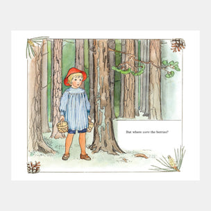 Illustration of a child in a forest with a basket, wearing a red hat and blue dress.