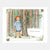 Illustration of a child in a forest with a basket, wearing a red hat and blue dress.