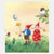 Illustration of two gnomes in a garden with flowers, a butterfly, and a bird.