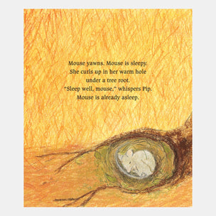 Illustration of a mouse in a tree hole with text on an orange background