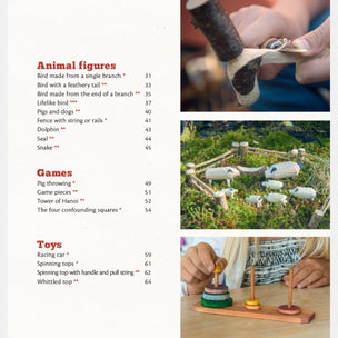 Page from a book or magazine featuring wooden animal figures, games, and toys with text and images.